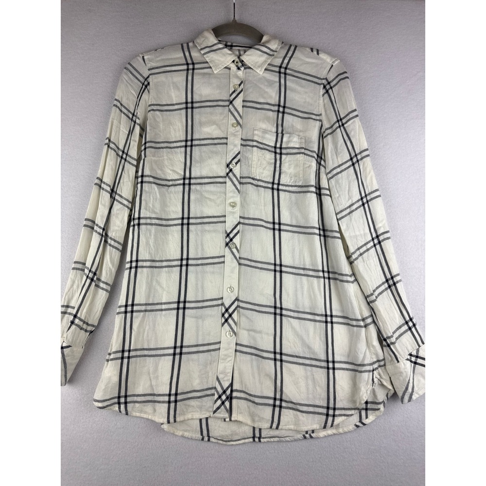 Talbots Womens XS White Black Windowpane Plaid Rayon Button Down Shirt LS